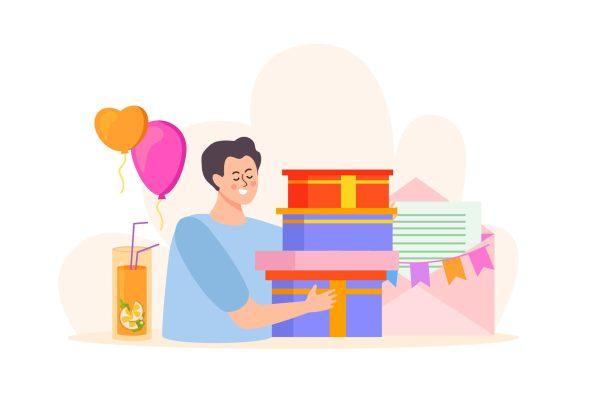 People with boxes flat background with composition of festive balloons cocktail and happy man holding gifts vector illustration SSUCv3H4sIAAAAAAACA01RTU/DMAz9K5bPFQNx630CISEmOE4c3MRtw9K4StJu09T/jrMvuMV+z37PLydsKDmD9Qmd91PKkbKTgPVThWxdlujIY/24VJgy5SlxUq5WhjJ3ip7r25LtqfSxxlfxztIxoY5NjTY+mh82OeFS3SgbltHznfDOAZfvCqnjYI5FQ0Uie6az5Fah3T5zHK76s7MslydN1pUnzmLIK/5c/OktMpRuF2nsnYlu5lhqy8nEuwHYu9xDIwdO0HrK0JDZdVGmYC+QkWGU5EoqIC20nLJuUpr3IiEpbnaZnAfSiZ7G8QgDBejFWxc66FybE8x6vET4H/EDrDVfatTCevN1nv7kYFlZAd42L9BKHDSpCvOh5IXVNbjLrrSybKSsmnn157kkLjv9vmVZfgGiBfSV3AEAAA==